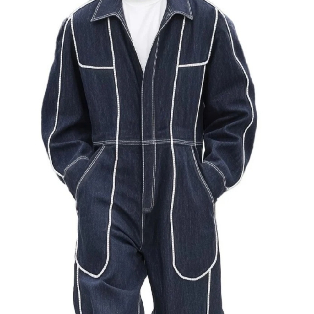 Men's Denim Jumpsuit with White Stitching